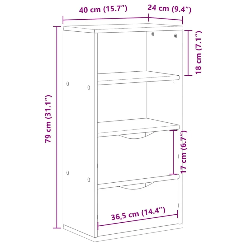 Armoire latérale vintage avec 2 tiroirs et 2 étagères 40 x 24 x 79 cm en bois massif pin 02_0058040