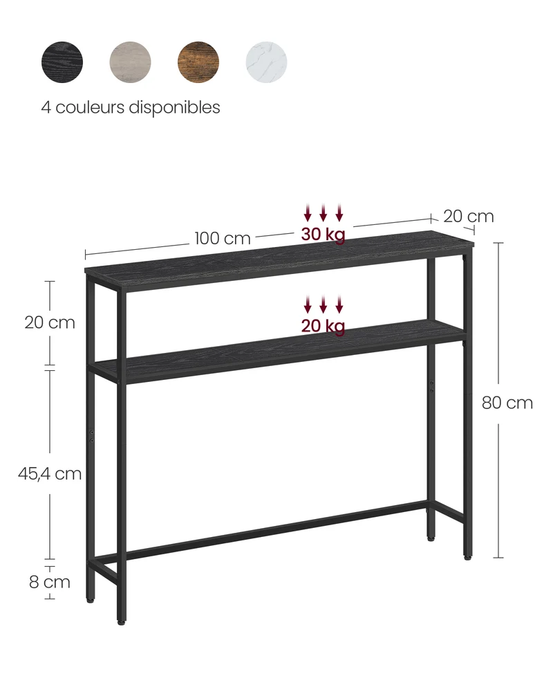 Console pour couloir table de salon fine à 2 niveaux 20 x 120 x 80 cm table d’appoint avec 2 étagères pour salon chambre blanc marbré et noir d'encre 12_0005224
