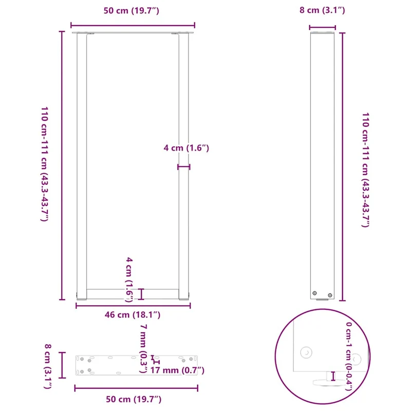 Lot de 2 pieds de table de bar en U 50 x 110-111 cm avec niveleurs réglables design moderne en acier blanc 02_0057485