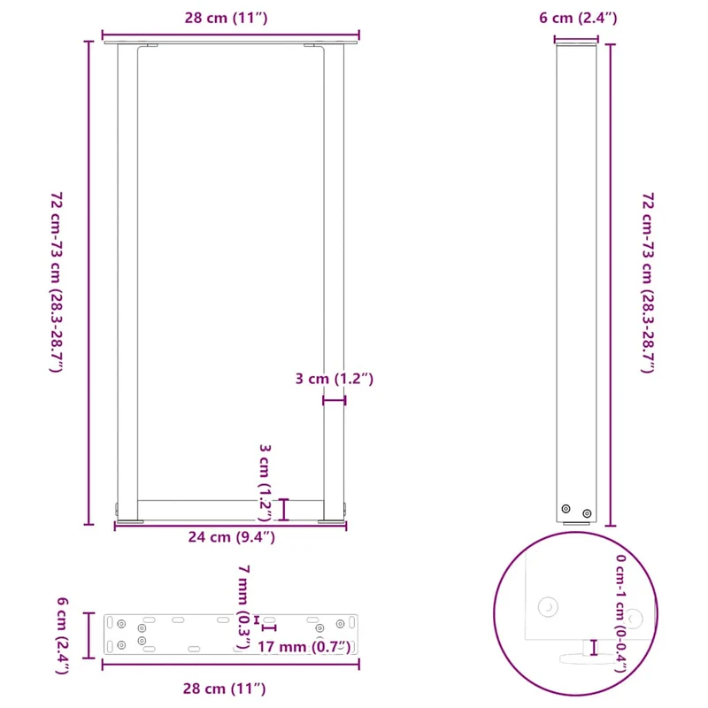 Lot de 2 pieds de table console en U 28 x 73 cm robuste design moderne polyvalent en acier anthracite 02_0057410
