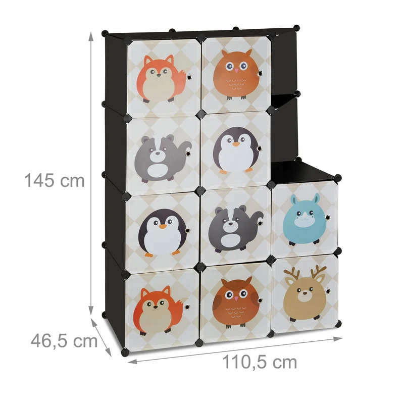 Armoire à 10 casiers modulable rangement enfants motifs animaux 85 x 40 x 180 cm en plastique noir 13_0004057
