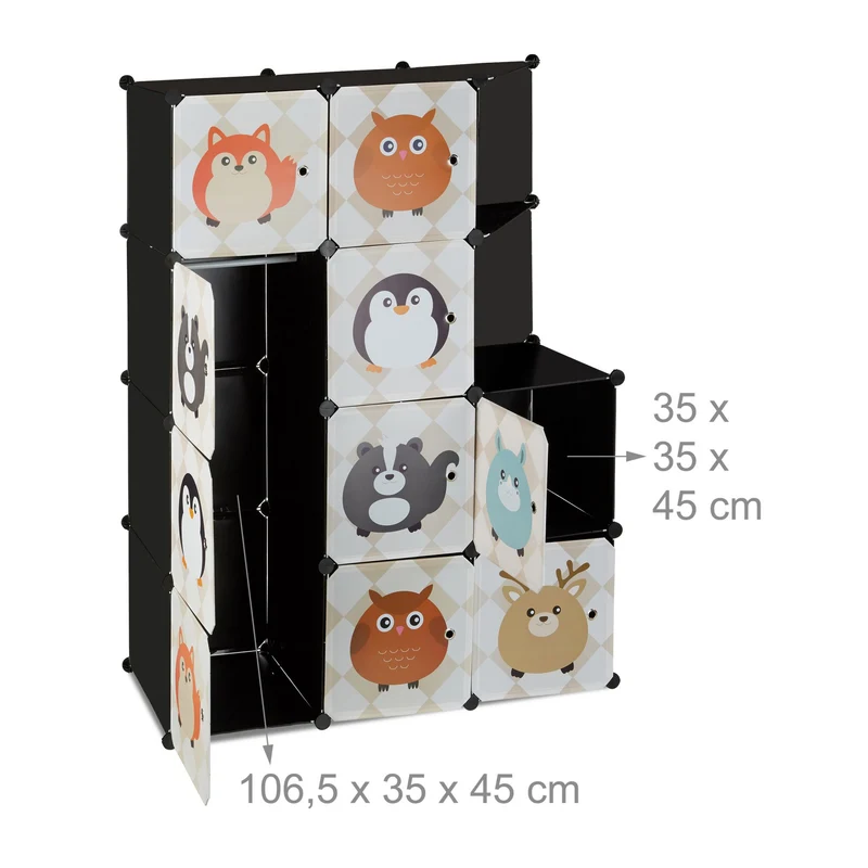 Armoire à 10 casiers modulable rangement enfants motifs animaux 85 x 40 x 180 cm en plastique noir 13_0004057