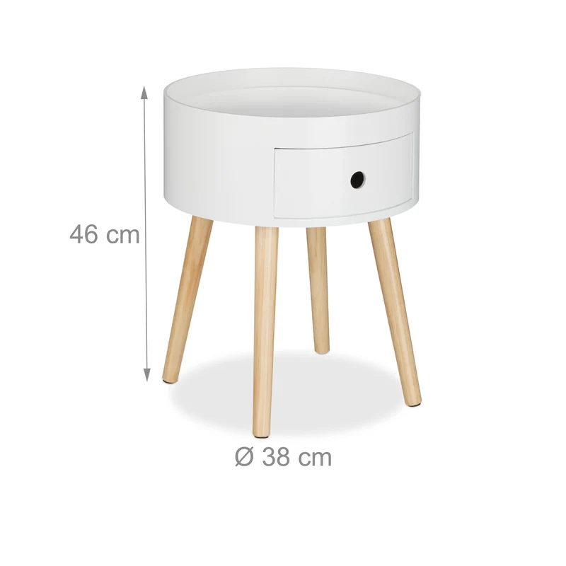 Table d'appoint ronde scandinave minimaliste 40 x 40 x 45 cm avec tiroir pratique en bois blanc 13_0008169