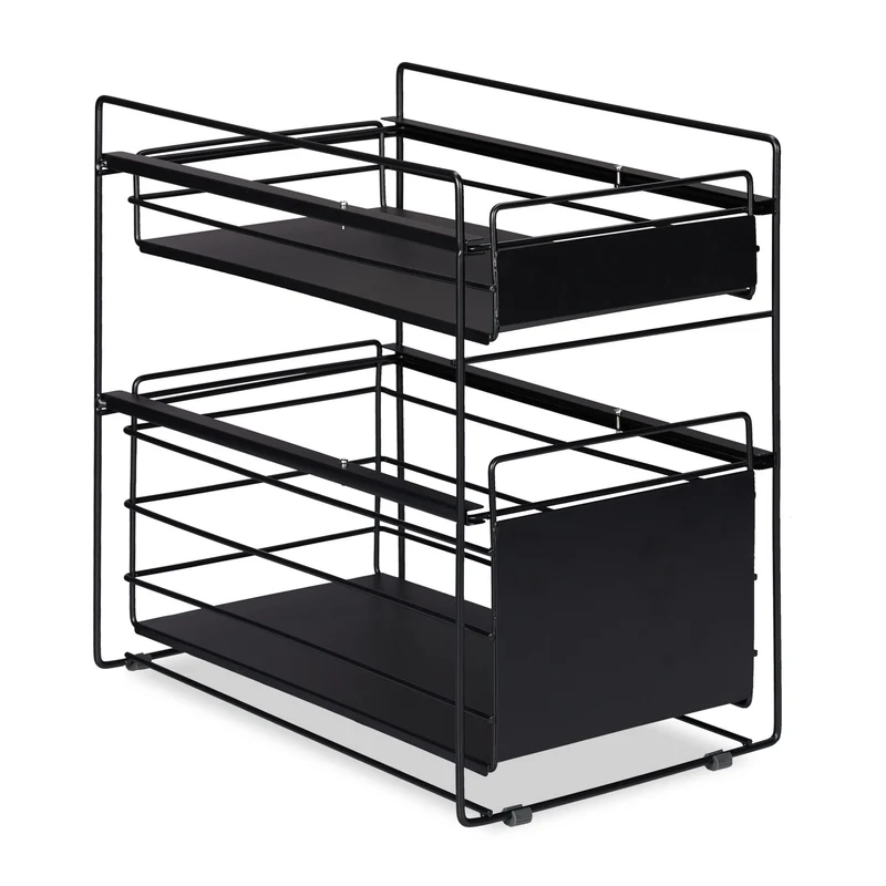 Organiseur de placard avec 2 tiroirs pour rangement cuisine salle de bain 60 x 30 x 30 cm en acier noir 13_0010353