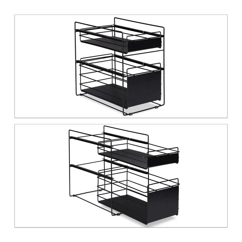 Organiseur de placard avec 2 tiroirs pour rangement cuisine salle de bain 60 x 30 x 30 cm en acier noir 13_0010353