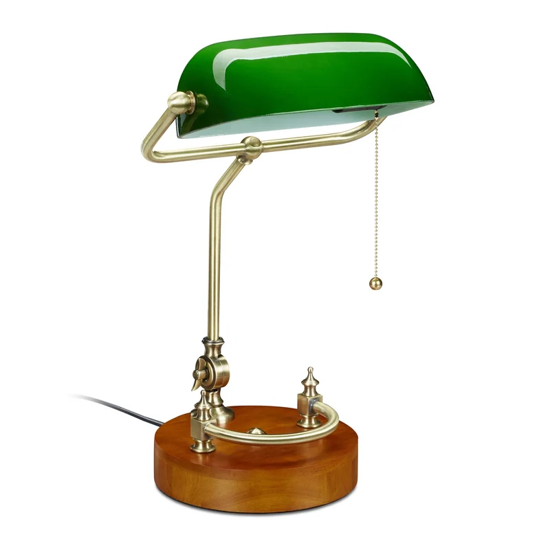 Lampe de bureau rétro style années 20 abat-jour en verre 30 x 20 x 20 cm socle bois décoratif réglable en verre vert 13_0010387