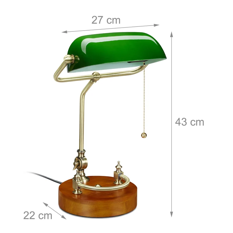 Lampe de bureau rétro style années 20 abat-jour en verre 30 x 20 x 20 cm socle bois décoratif réglable en verre vert 13_0010387