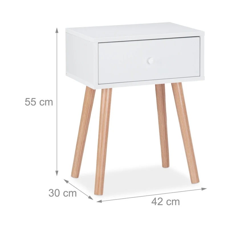 Table de nuit scandinave blanche 40 x 30 x 50 cm avec tiroir pratique touche rétro en bois blanc 13_0009648