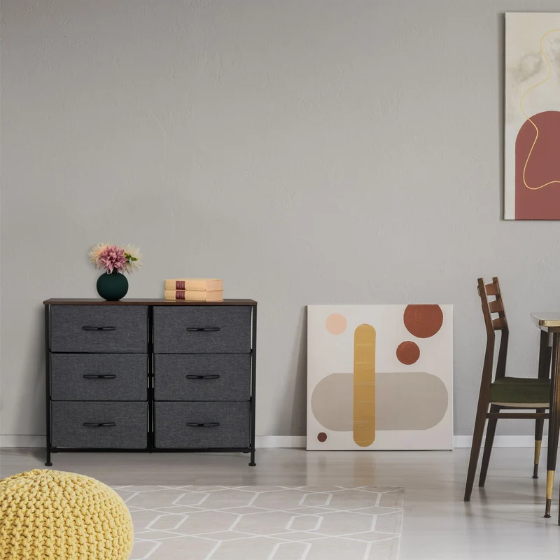 Commode avec 6 tiroirs rangement élégant style industriel entrée salon 140 x 40 x 80 cm en bois noir 13_0012820