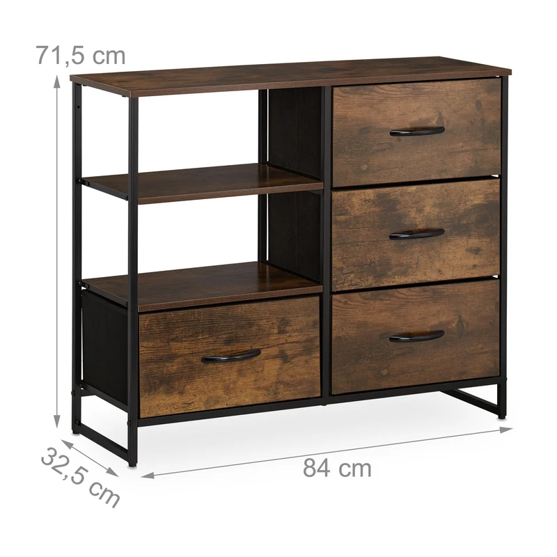 Commode de rangement style industriel avec 4 tiroirs et surfaces ouvertes 90 x 30 x 80 cm en bois marron 13_0010888