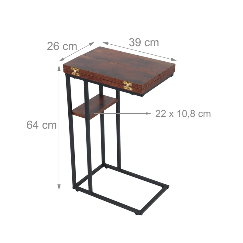 Table d'appoint pliable design industriel petite forme en C 64 x 52 x 39 cm rangement pratique en MDF marron 13_0017807