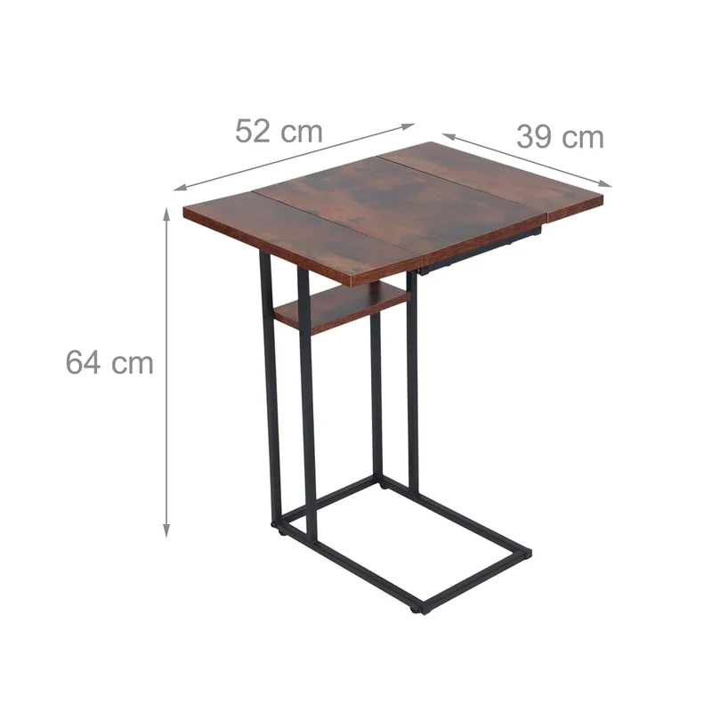 Table d'appoint pliable design industriel petite forme en C 64 x 52 x 39 cm rangement pratique en MDF marron 13_0017807