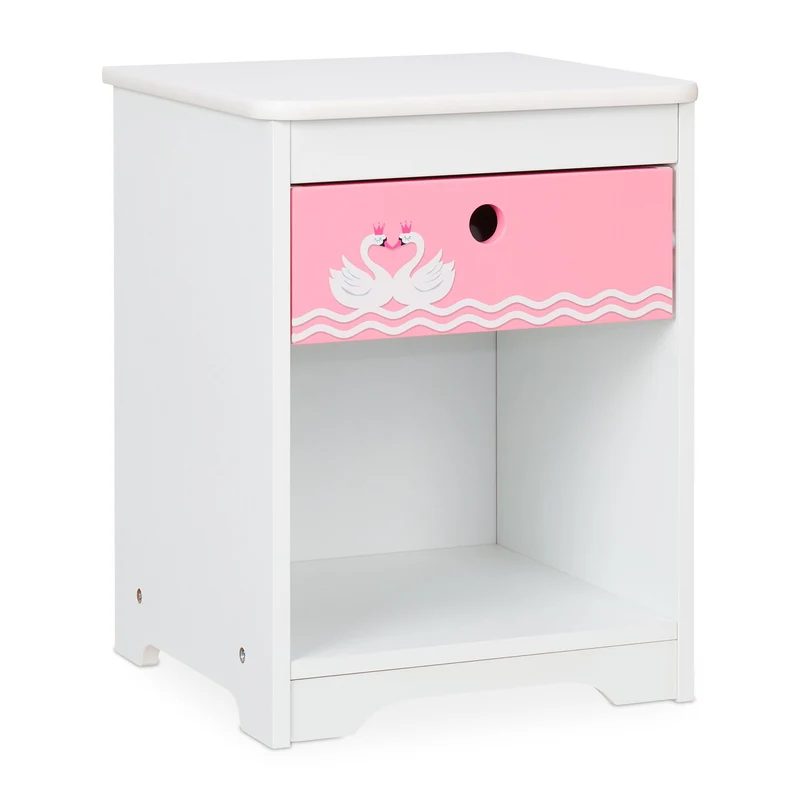 Table de nuit carrée pour enfants avec tiroir et rangement motif cygnes 60 x 40 x 40 cm en bois blanc 13_0012324