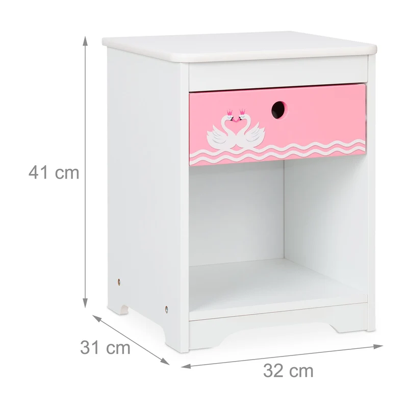 Table de nuit carrée pour enfants avec tiroir et rangement motif cygnes 60 x 40 x 40 cm en bois blanc 13_0012324
