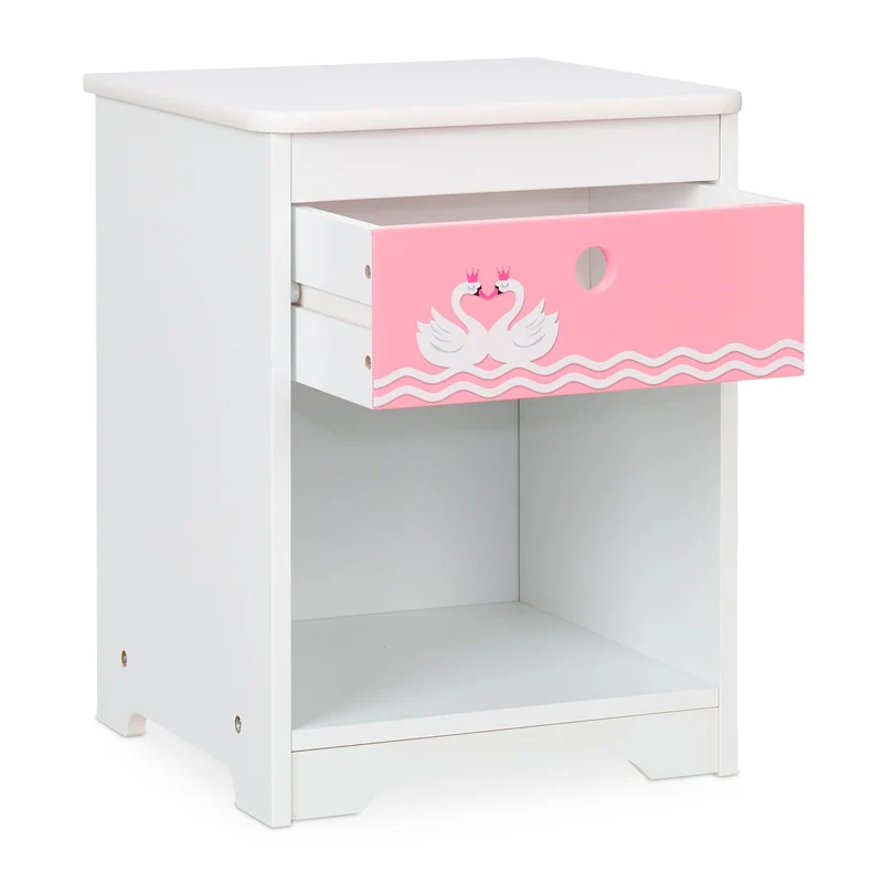 Table de nuit carrée pour enfants avec tiroir et rangement motif cygnes 60 x 40 x 40 cm en bois blanc 13_0012324