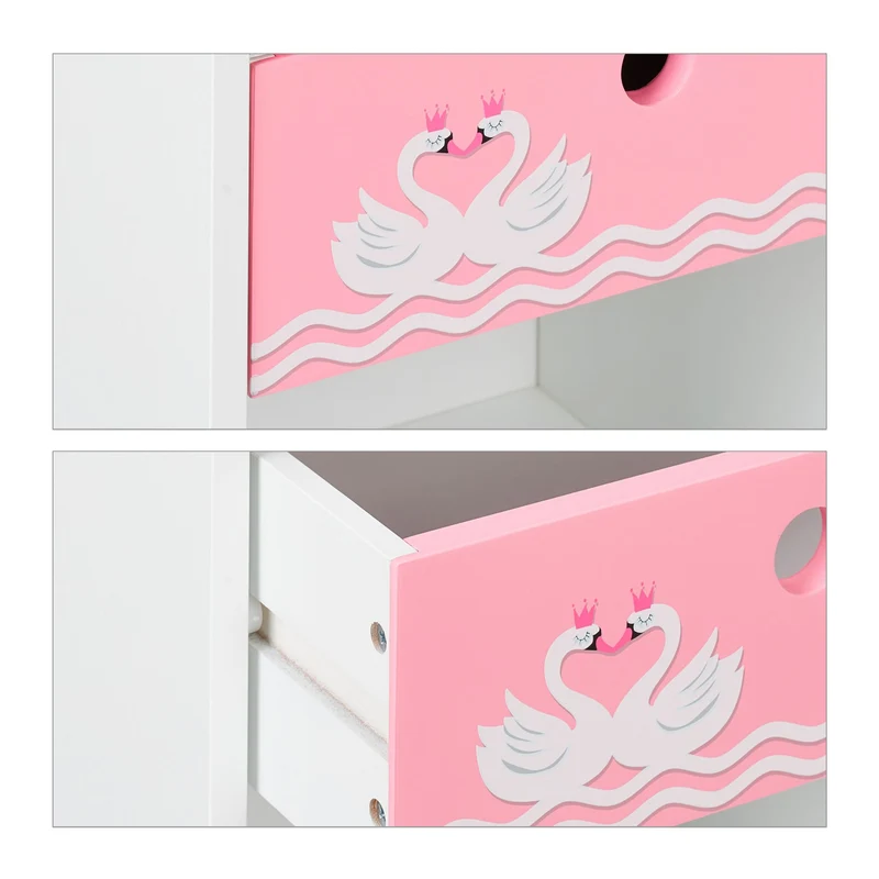Table de nuit carrée pour enfants avec tiroir et rangement motif cygnes 60 x 40 x 40 cm en bois blanc 13_0012324