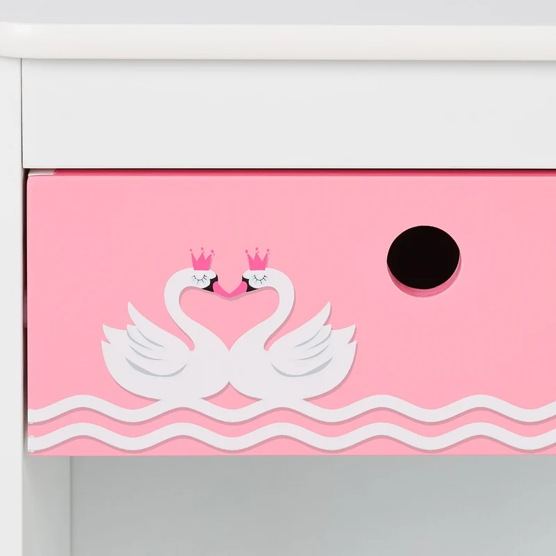 Table de nuit carrée pour enfants avec tiroir et rangement motif cygnes 60 x 40 x 40 cm en bois blanc 13_0012324