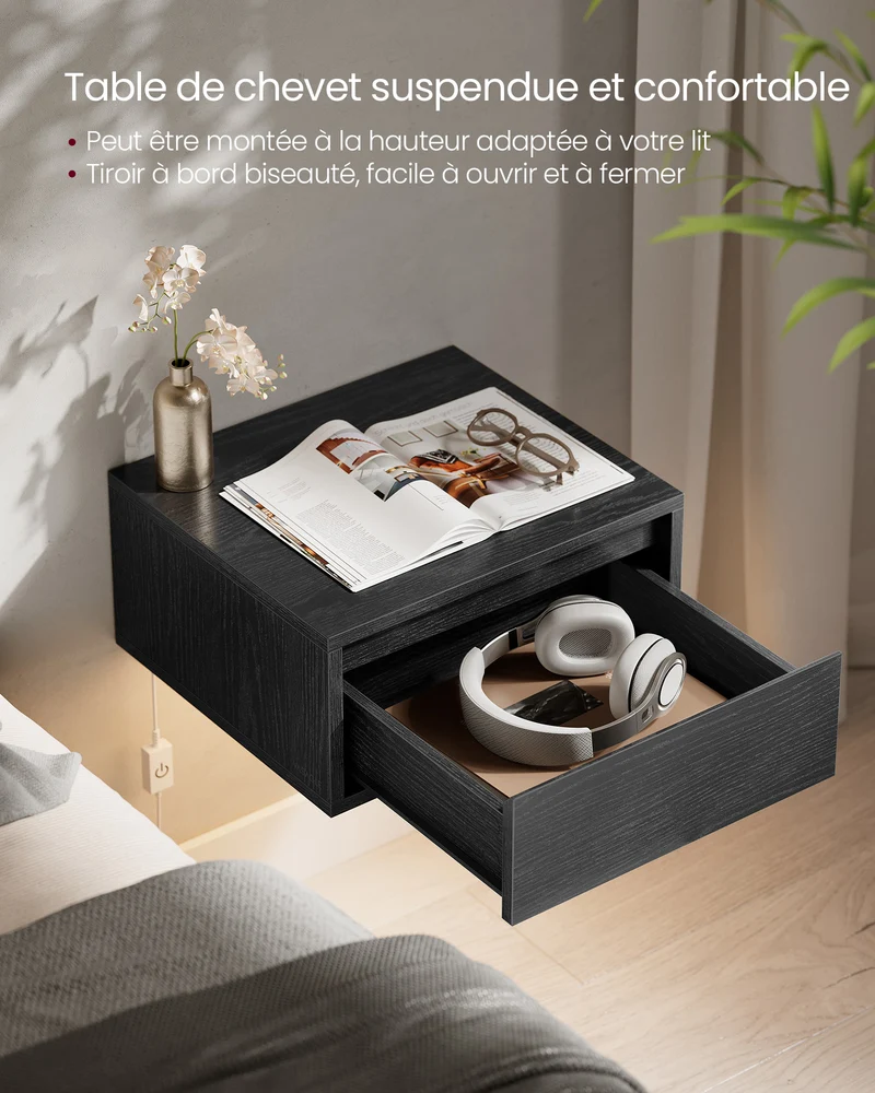 Tables de chevet suspendues lot de 2 tables de nuit lumière 3 couleurs étagère murale tiroir 35 x 40 x 18 cm style moderne pour chambre salon noir boisé 12_0007693