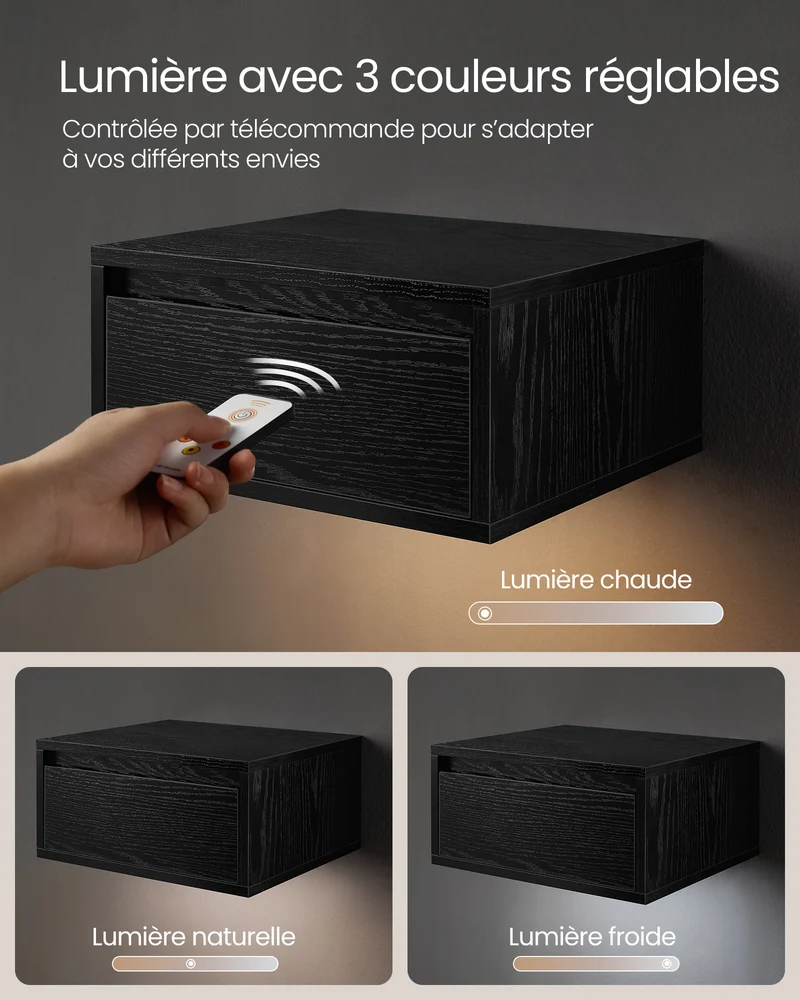 Tables de chevet suspendues lot de 2 tables de nuit lumière 3 couleurs étagère murale tiroir 35 x 40 x 18 cm style moderne pour chambre salon noir boisé 12_0007693