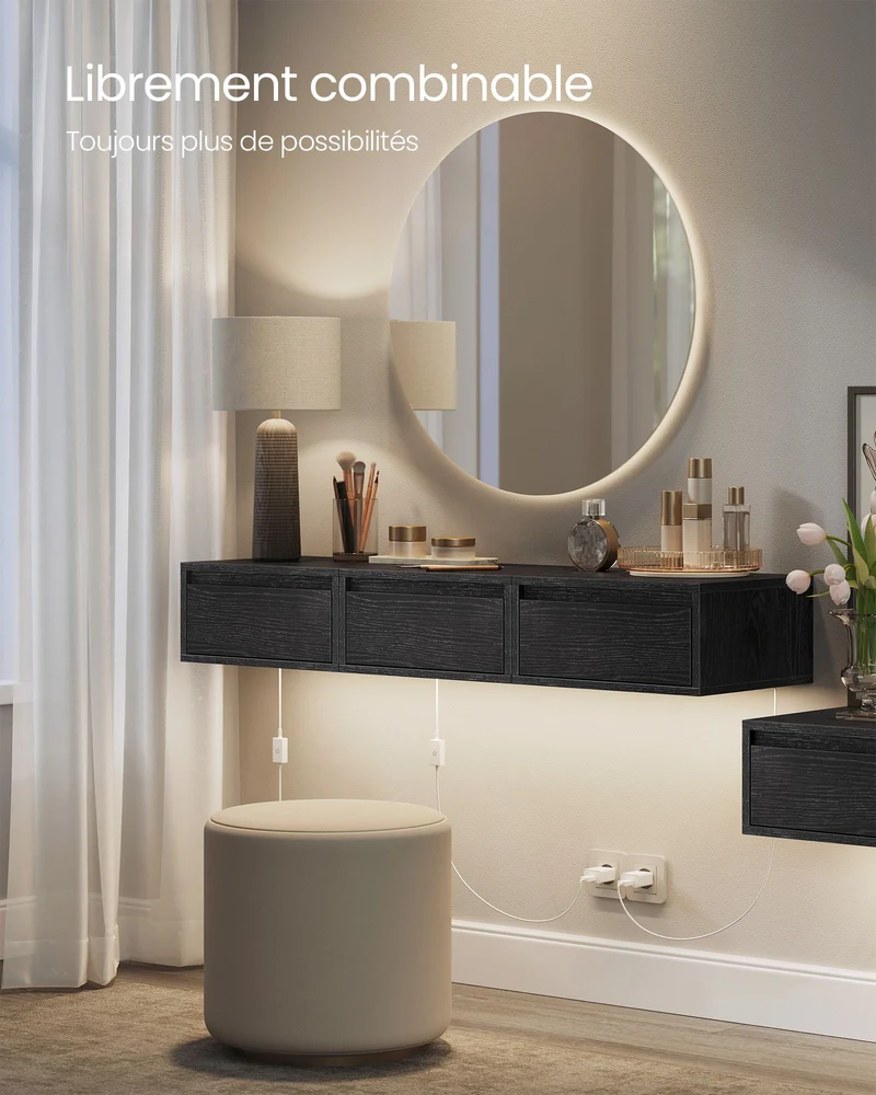 Tables de chevet suspendues lot de 2 tables de nuit lumière 3 couleurs étagère murale tiroir 35 x 40 x 18 cm style moderne pour chambre salon noir boisé 12_0007693