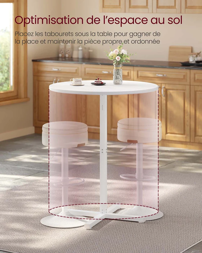 Table de bar haute cadre en métal 60 x 60 x 104,5 cm pour salle à manger bistrot montage facile base en croix pour 2-3 personnes style moderne blanc 12_0007575