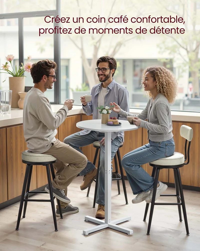 Table de bar haute cadre en métal 60 x 60 x 104,5 cm pour salle à manger bistrot montage facile base en croix pour 2-3 personnes style moderne blanc 12_0007575