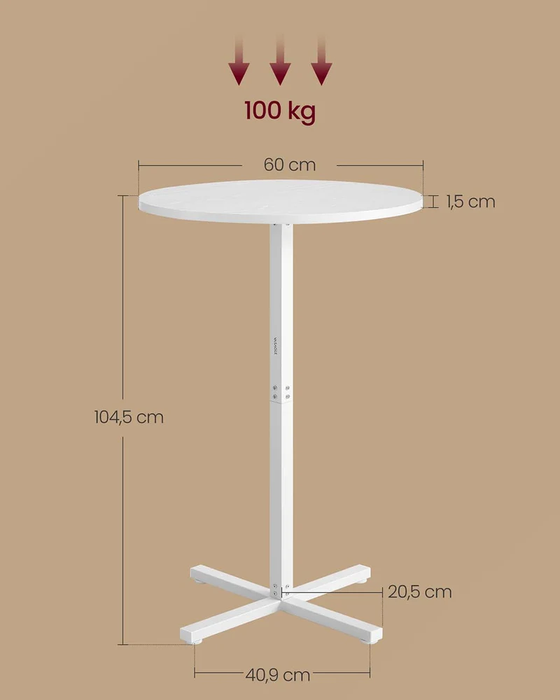 Table de bar haute cadre en métal 60 x 60 x 104,5 cm pour salle à manger bistrot montage facile base en croix pour 2-3 personnes style moderne blanc 12_0007575