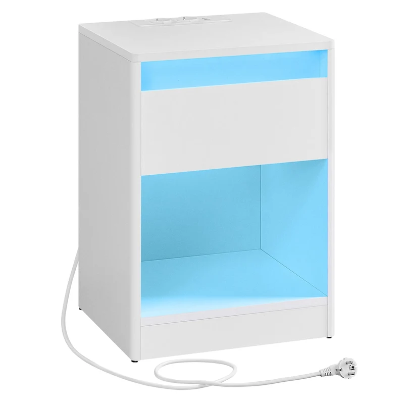 Table de nuit avec multiprise table d’appoint avec lumières led réglables table de chevet avec tiroir 2 prises électriques 2 ports usb moderne pour chambre salon blanc nuage 12_0007660