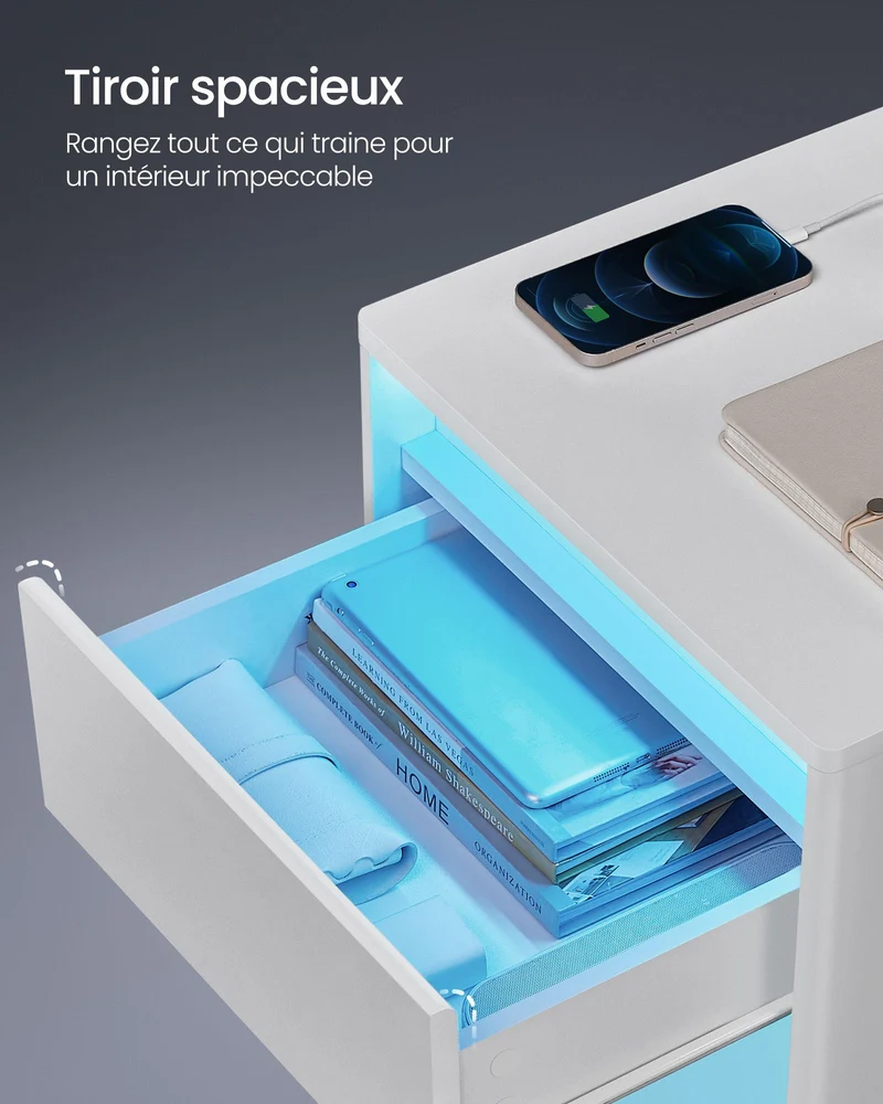 Table de nuit avec multiprise table d’appoint avec lumières led réglables table de chevet avec tiroir 2 prises électriques 2 ports usb moderne pour chambre salon blanc nuage 12_0007660
