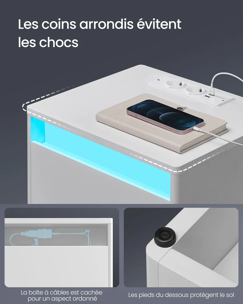 Table de nuit avec multiprise table d’appoint avec lumières led réglables table de chevet avec tiroir 2 prises électriques 2 ports usb moderne pour chambre salon blanc nuage 12_0007660