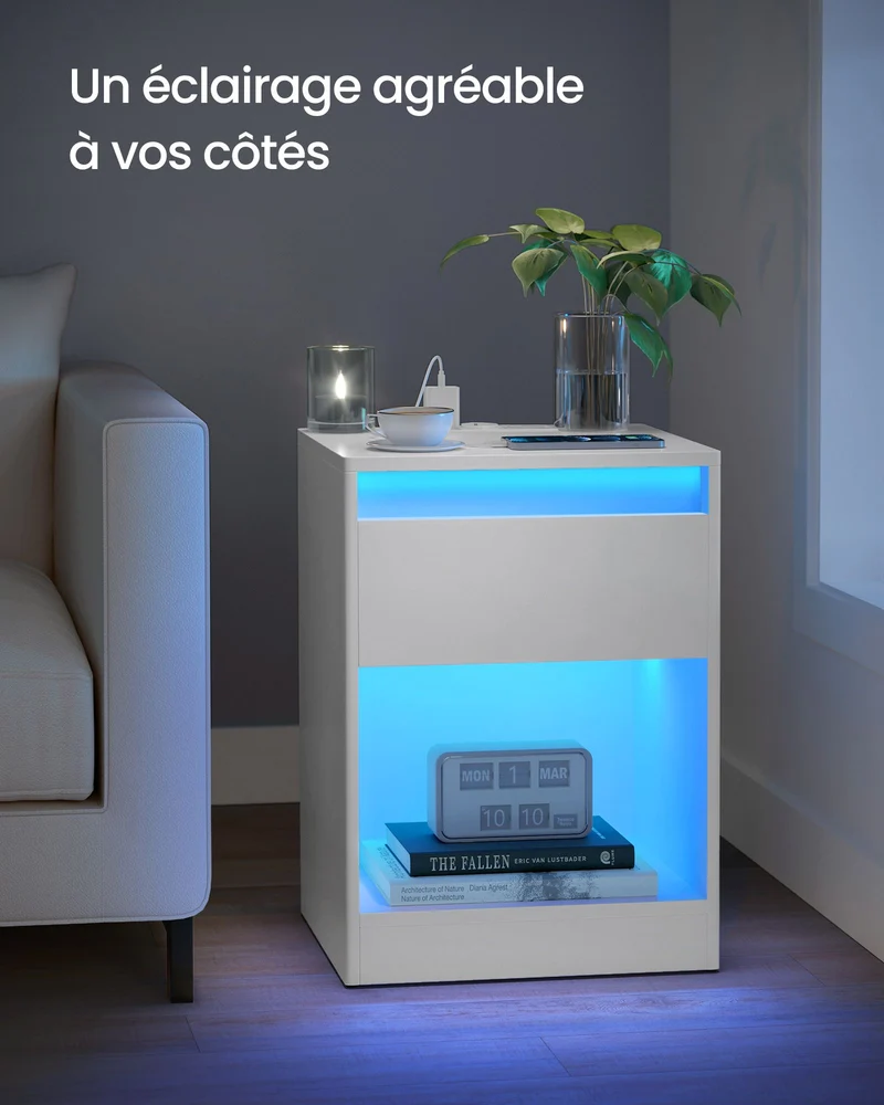 Table de nuit avec multiprise table d’appoint avec lumières led réglables table de chevet avec tiroir 2 prises électriques 2 ports usb moderne pour chambre salon blanc nuage 12_0007660