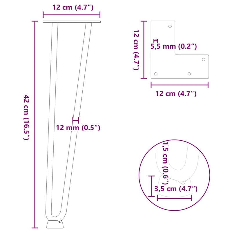 Lot de 4 pieds en épingle à cheveux pour table basse 42 cm avec patins réglables design moderne en acier massif anthracite 02_0056721
