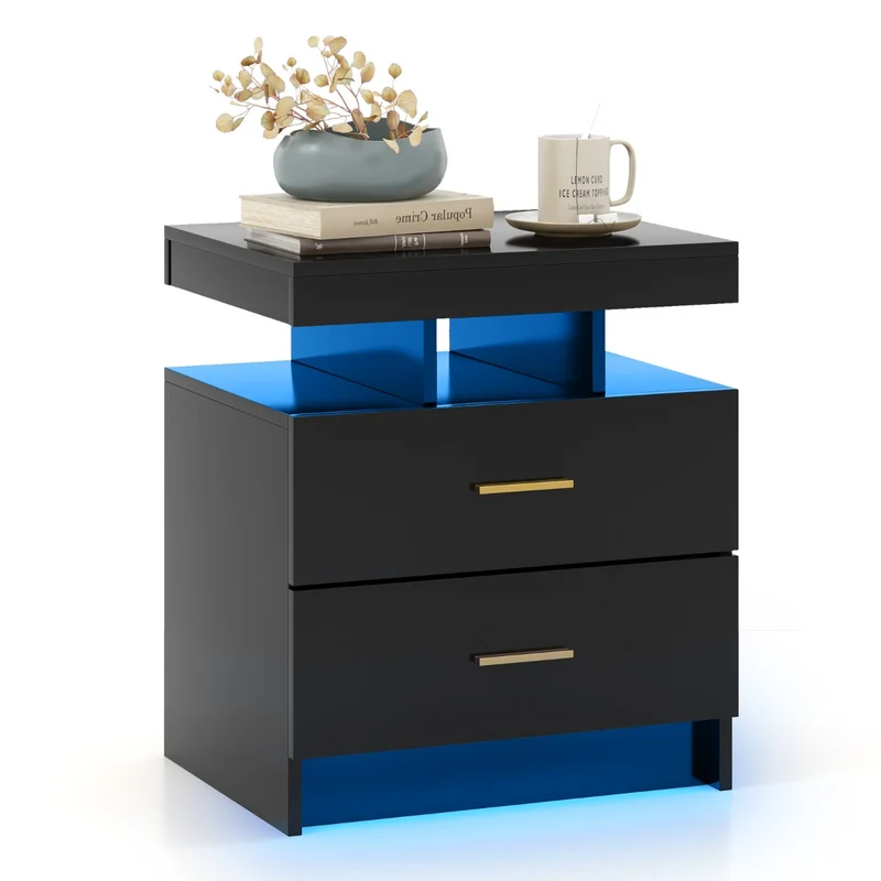 Table de chevet led 50 x 40 x 58 cm avec 2 tiroirs modernes et éclairage personnalisable en bois d'ingénierie noir 20_0013955