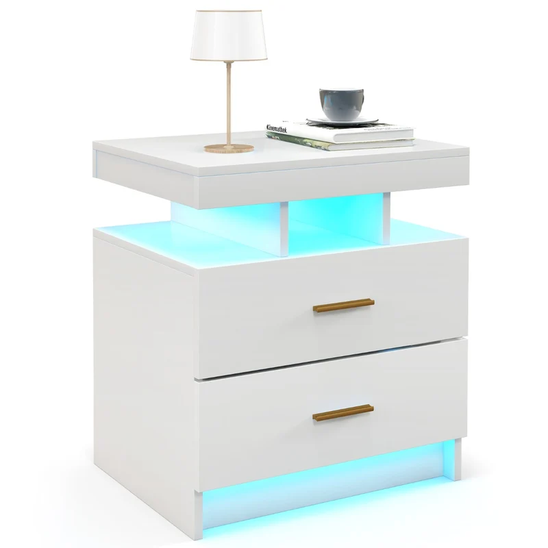 Table de chevet avec lumières LED 50 x 40 x 58 cm rangement pratique moderne ambiance cosy en bois d'ingénierie blanc 20_0020020