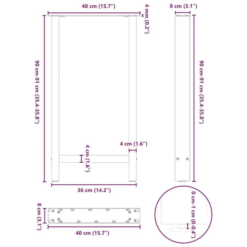 Lot de 2 pieds de table de bar carrés ajustables 40 x 90 cm en acier noir 02_0057564