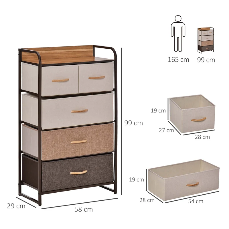 Commode de rangement 58 x 29 x 99 cm 5 tiroirs pliables anti basculement style contemporain épuré en polyester gris 21_0001486