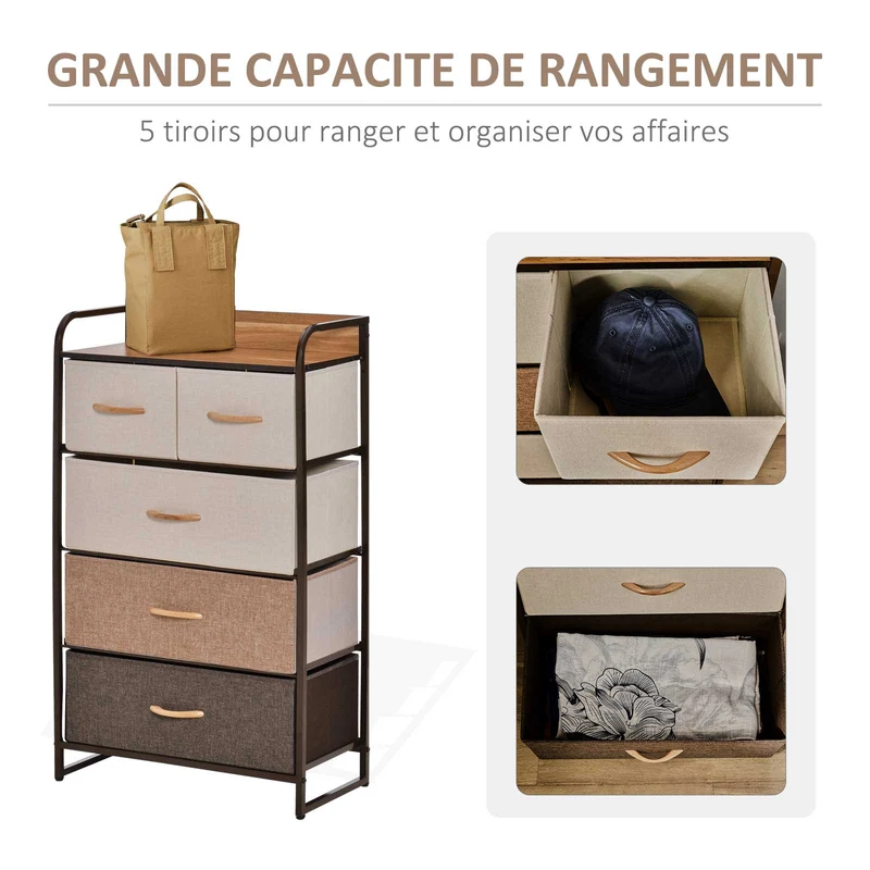 Commode de rangement 58 x 29 x 99 cm 5 tiroirs pliables anti basculement style contemporain épuré en polyester gris 21_0001486