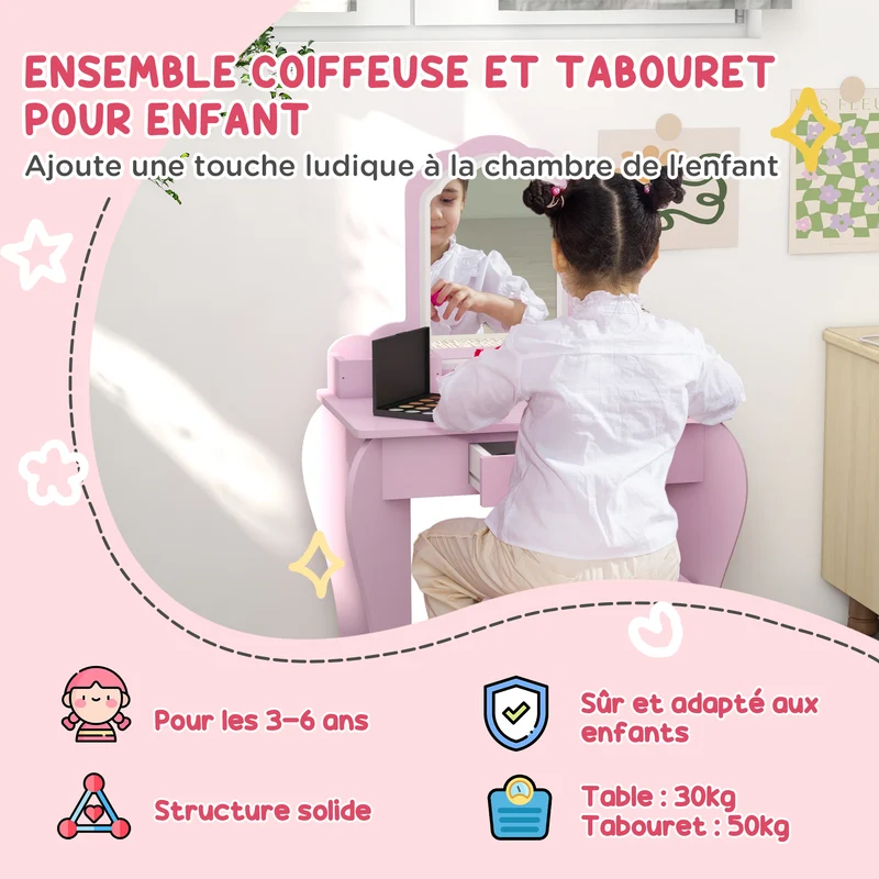 Coiffeuse pour enfant 55 x 36 x 86 cm miroir nuage tabouret rangements tiroir créatif décoratif contemporain en MDF rose 21_0000267