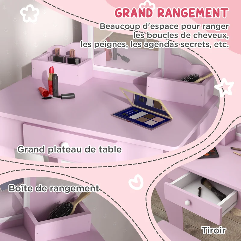 Coiffeuse pour enfant 55 x 36 x 86 cm miroir nuage tabouret rangements tiroir créatif décoratif contemporain en MDF rose 21_0000267