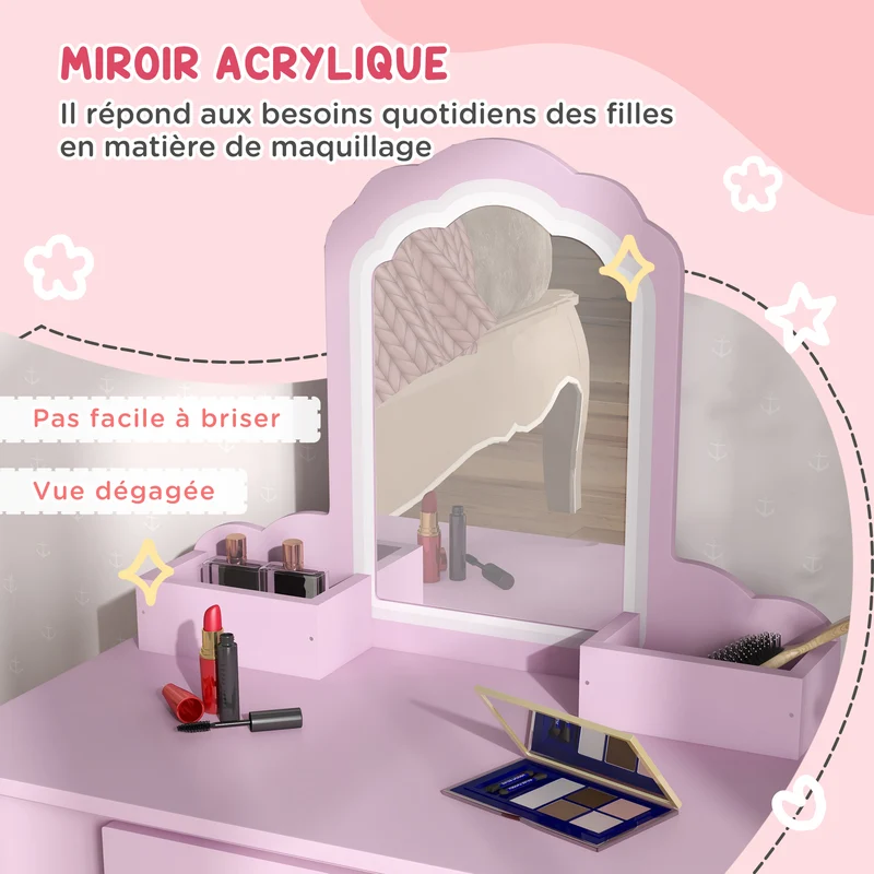 Coiffeuse pour enfant 55 x 36 x 86 cm miroir nuage tabouret rangements tiroir créatif décoratif contemporain en MDF rose 21_0000267
