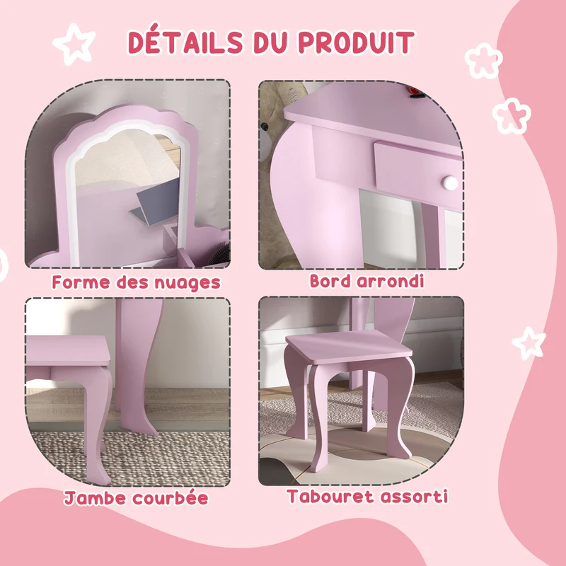 Coiffeuse pour enfant 55 x 36 x 86 cm miroir nuage tabouret rangements tiroir créatif décoratif contemporain en MDF rose 21_0000267