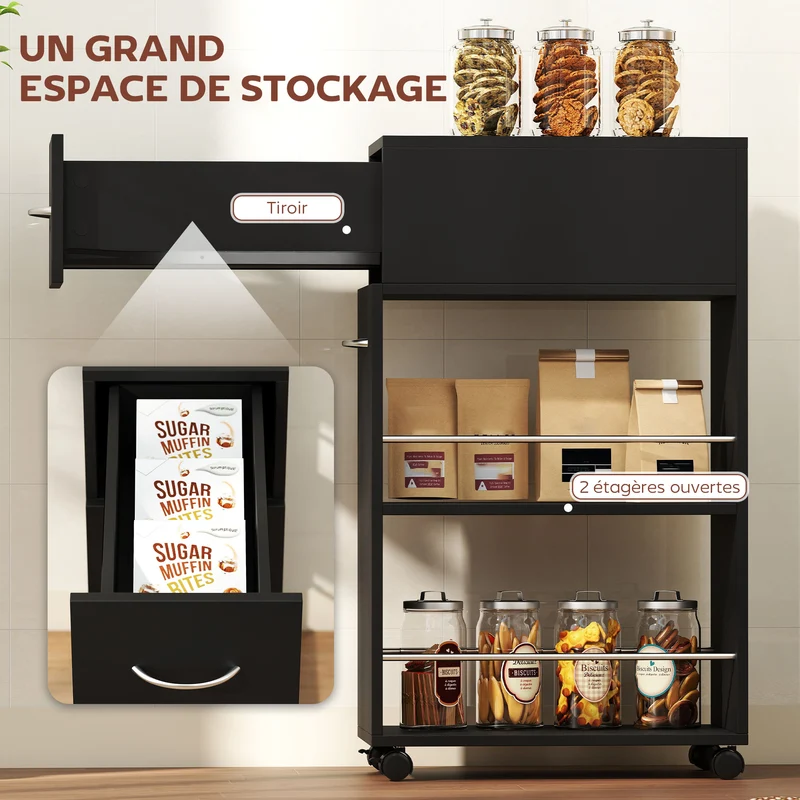 Chariot de cuisine sur roulettes 25 x 50 x 85 cm gain de place rangement moderne épuré en panneau de particules noir 21_0001025