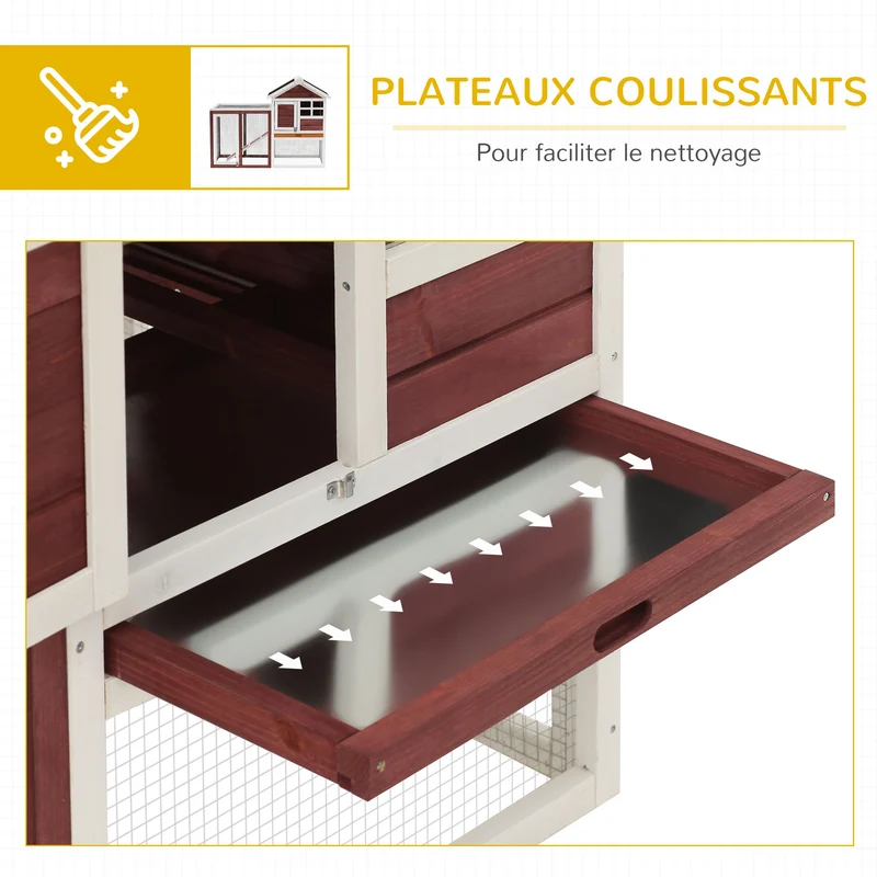 Clapier pour lapins avec enclos extérieur 123,5 x 62,6 x 92,5 cm niche surélevée plateau rustique en bois rouge brique 21_0007870