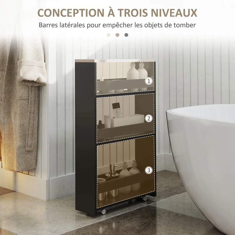 Chariot de rangement à roulettes salle de bains 48 x 15 x 80 cm mobilité poignée 3 étagères design épuré en MDF noir 21_0002879