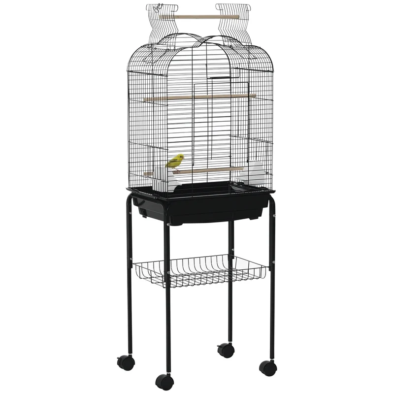 Cage à oiseaux sur roulettes 46 x 36 x 130 cm avec toit ouvrant et tiroir amovible étagère moderne épuré en acier noir 21_0007575