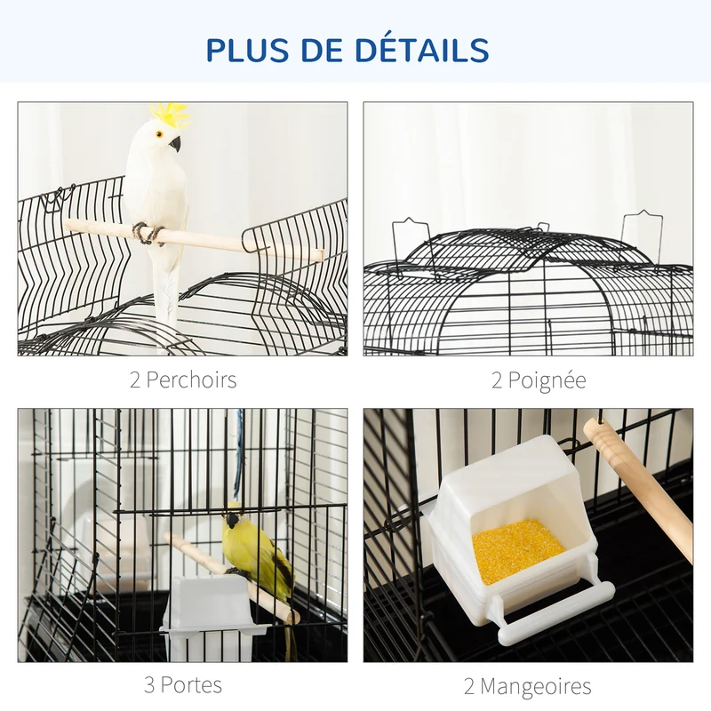 Cage à oiseaux sur roulettes 46 x 36 x 130 cm avec toit ouvrant et tiroir amovible étagère moderne épuré en acier noir 21_0007575