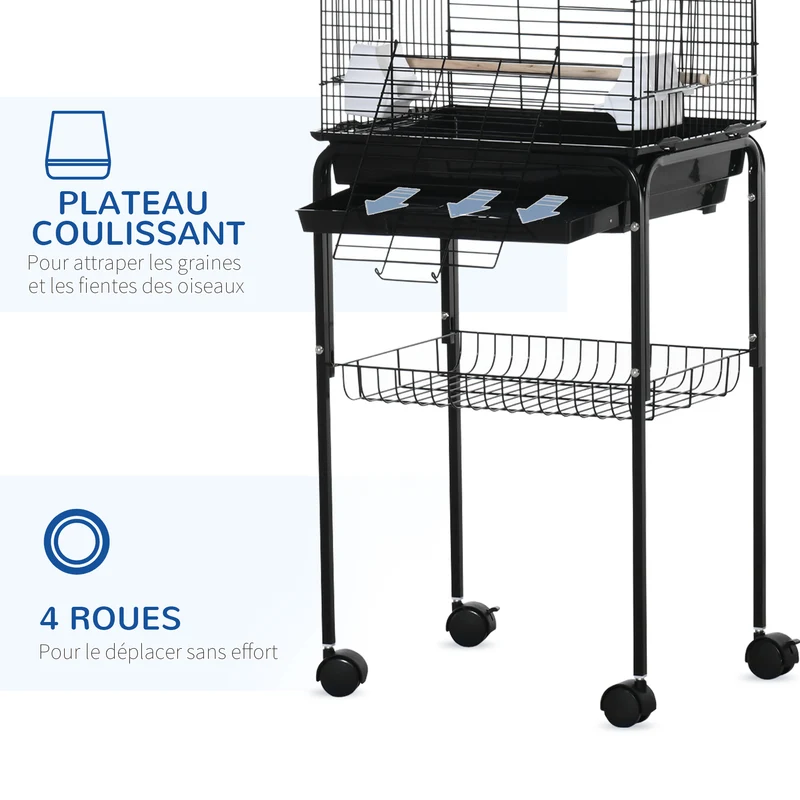 Cage à oiseaux sur roulettes 46 x 36 x 130 cm avec toit ouvrant et tiroir amovible étagère moderne épuré en acier noir 21_0007575