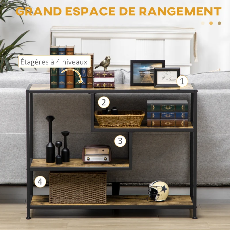 Console d'entrée 4 niveaux 99,6 x 33,6 x 74 cm grand rangement industriel contemporain en panneau de particules marron 21_0002643