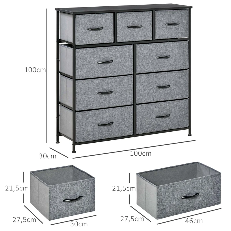 Commode de rangement 9 tiroirs pratique 100 x 30 x 100 cm gain de place anti basculement style moderne en polyester gris 21_0001484