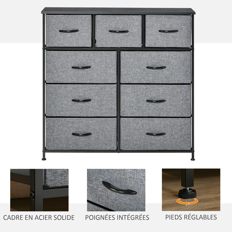 Commode de rangement 9 tiroirs pratique 100 x 30 x 100 cm gain de place anti basculement style moderne en polyester gris 21_0001484